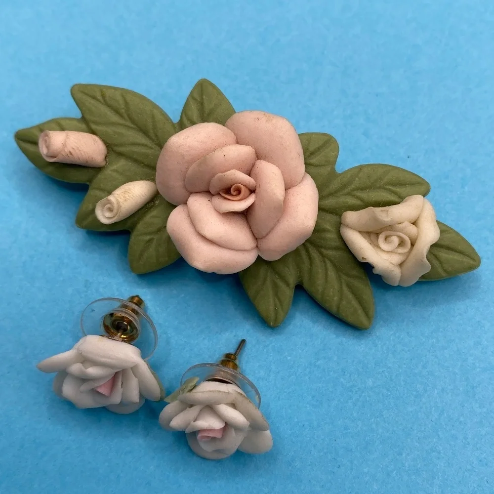 Porcelain Floral Brooch & Pierced Post Earrings Set